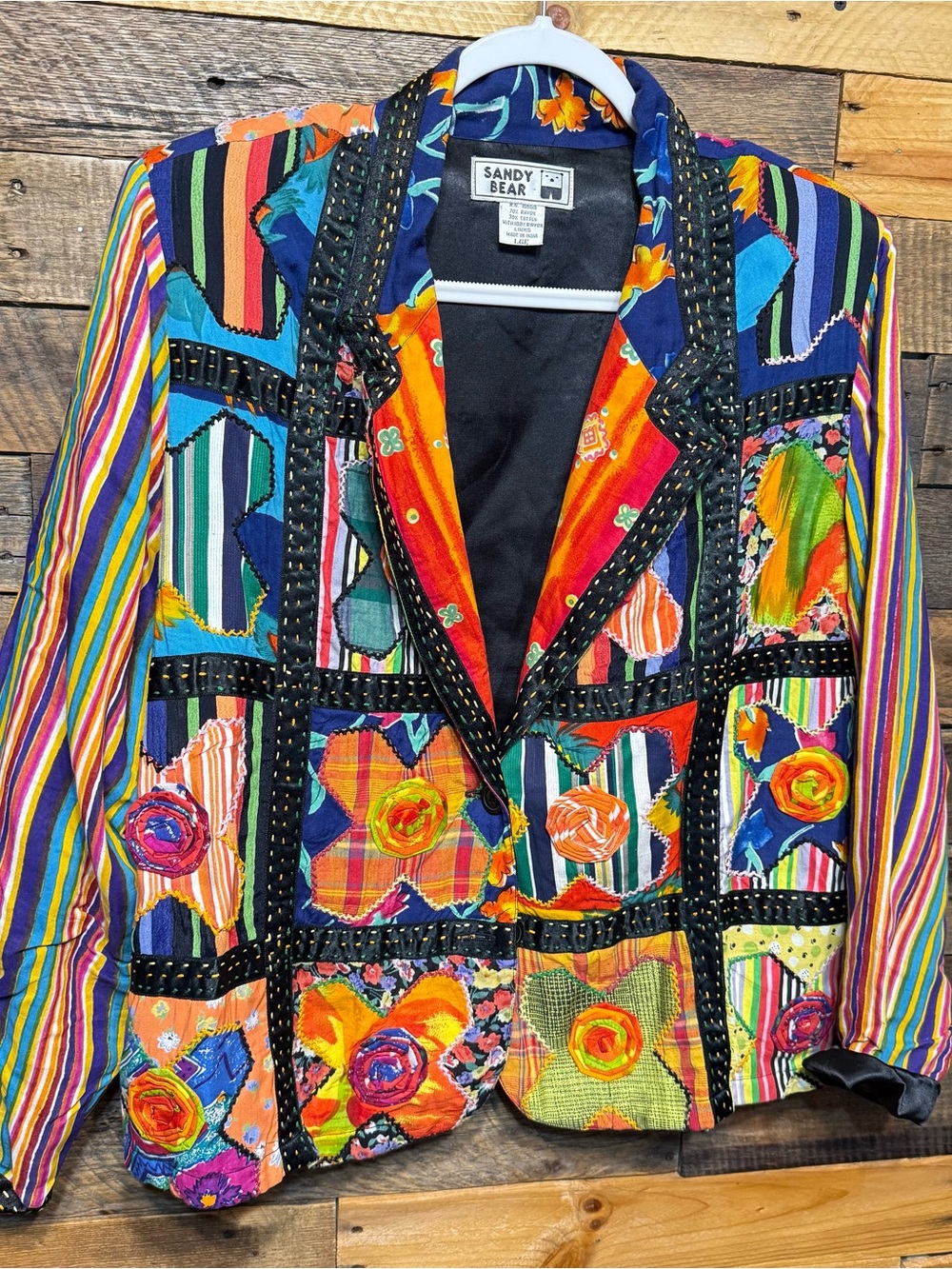 Vintage Sandy Bear Womens Large Colorful Art To Wear 3D Floral Blazer Jacket